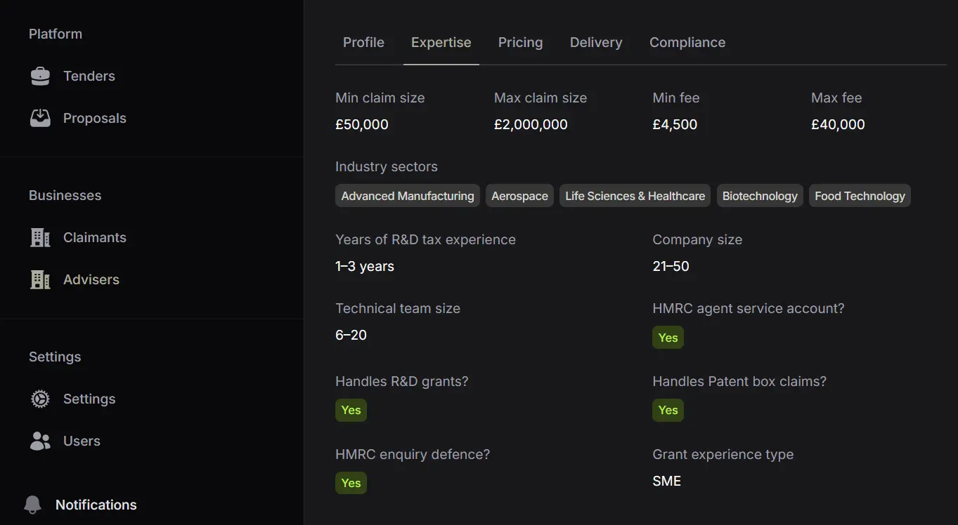 Anonymised R&D tax specialist proposal in the Tenderfy platform, showing sector experience, credibility, fee structure and enquiry support.
