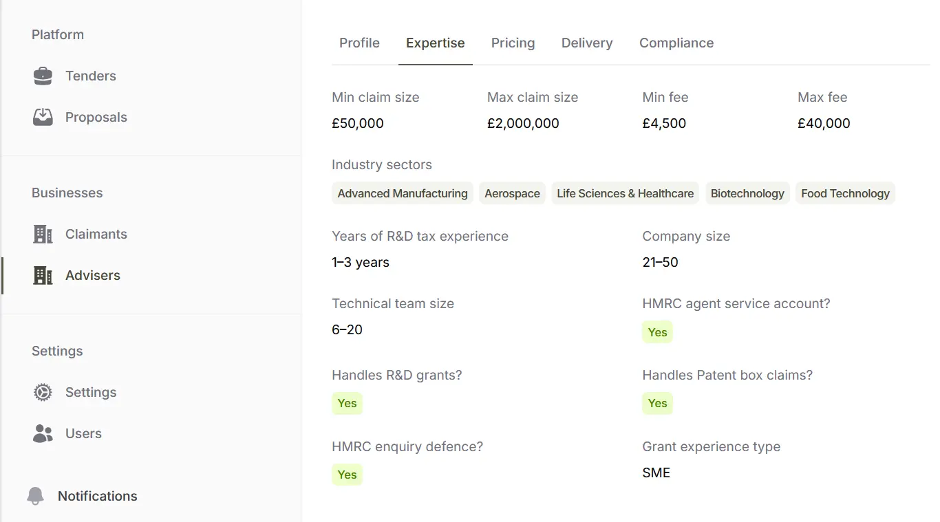 Anonymised R&D tax specialist proposal in the Tenderfy platform, showing sector experience, credibility, fee structure and enquiry support.