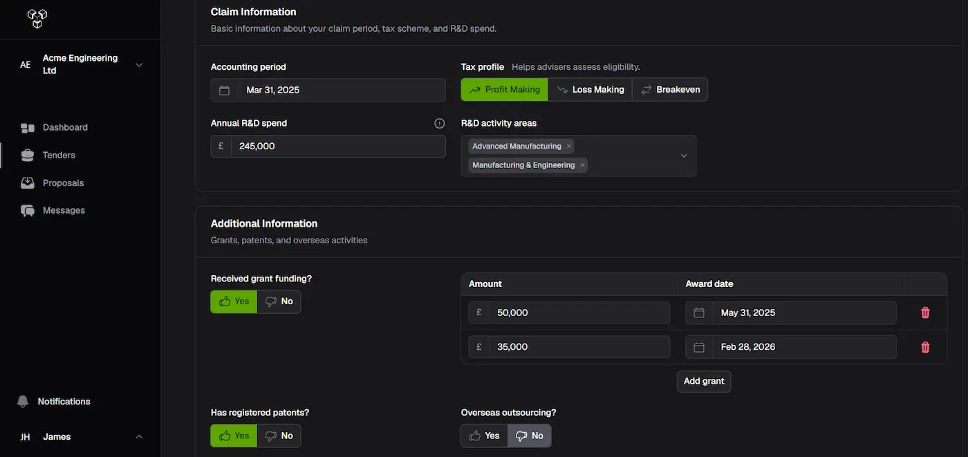 The Tenderfy platform showing an anonymised R&D tax tender with proposals from vetted specialists.