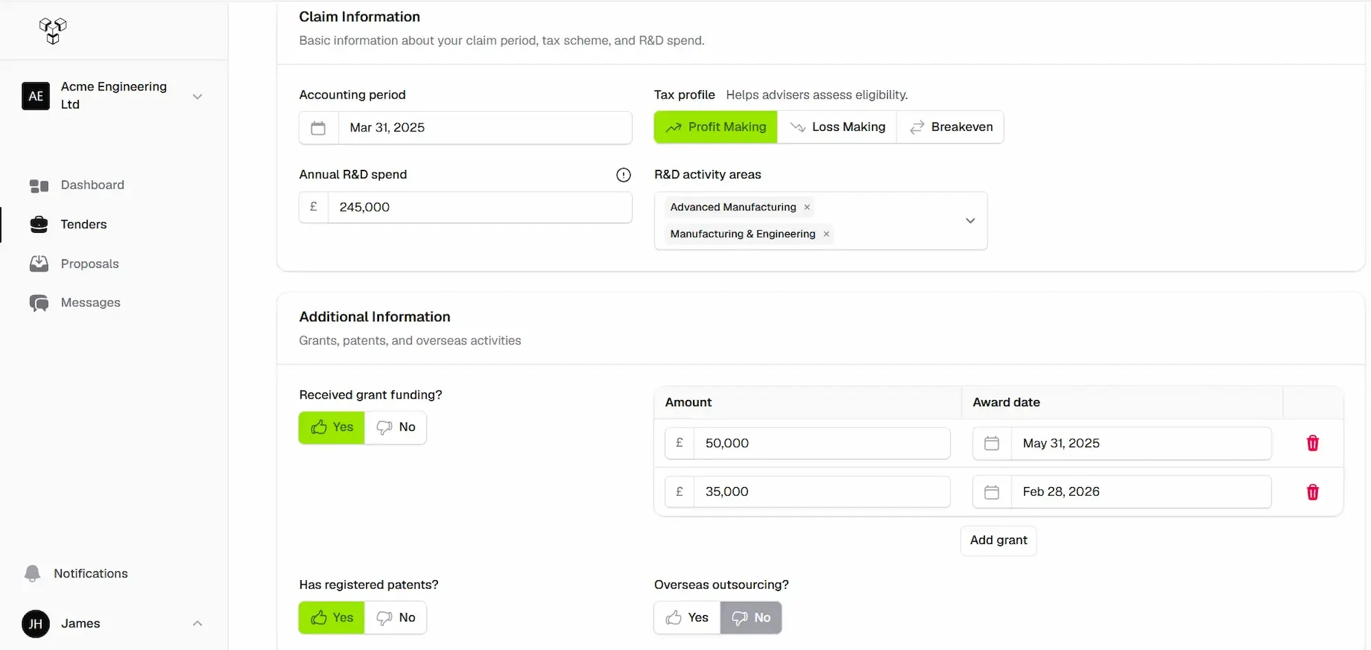 The Tenderfy platform showing an anonymised R&D tax tender with proposals from vetted specialists.